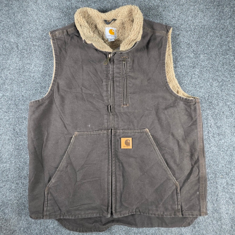Carhartt Sandstone Mock Neck Vest Mens M Dark Brown Sherpa Lined V33 DKB